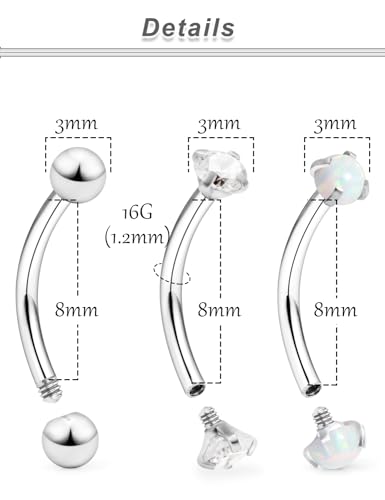 16G Eyebrow Rook Piercing Jewelry Small Belly Button Ring 316L Surgical Steel Snake Eye Tongue Curved Barbell Vertical Lip Labret Piercing Jewelry for Women Men 6mm 8mm 10mm Bars 3mm Opal CZ - color: 6PCS - 8mm Bars
