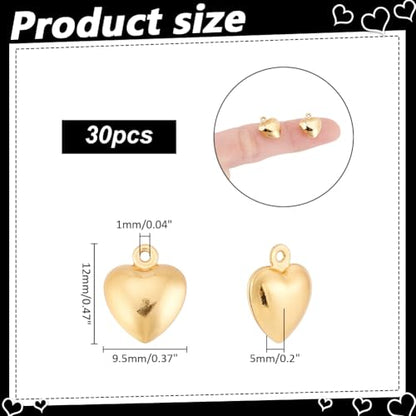 30Pcs 18K Gold Heart Charms Stainless Steel Love Pendant 12x9.5x5mm Dangle Heart Charm for Jewelry Bracelet Necklace Bag Keychain Earring Making Accessories Supplies Valentine Gift