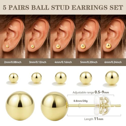 Sterling Silver Earrings for Women: Hypoallergenic 925 Sterling Silver Round Ball Stud Earrings for Women Multiple Piercing 5 Pairs Tiny Stud Earrings 2mm 3mm 4mm 5mm 6mm - style: Gold stud earrings