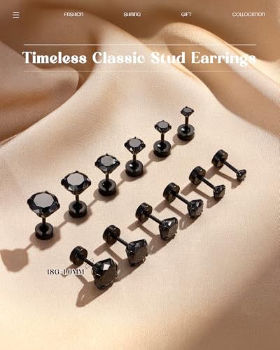 ORAZIO 6Pairs Hypoallergenic Flat Back Earrings 316L Stainless Steel Studs for Sensitive Ears, 3-8mm Cubic Zirconia, Stylish Jewelry for Women Men - Silver - color: Black Plated