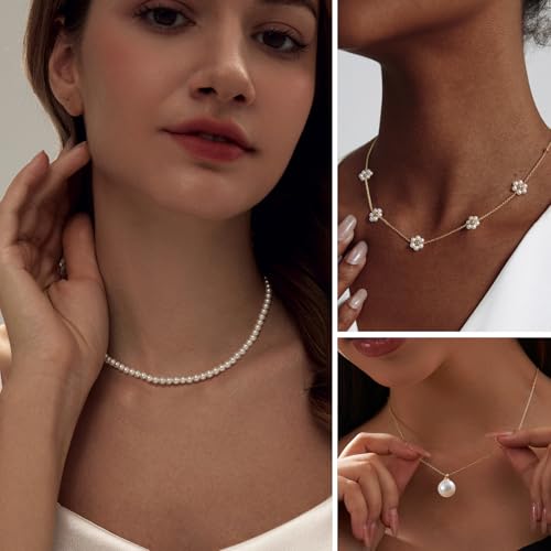 LULII Pearl Necklaces for Women 14K Gold Plated Dainty Layered Single Pearl Necklace Simple Daisy Pearls Choker Cute Gold Necklace Stack Jewelry Sets for Women Trendy Gifts - color: Gold-Layered Daisy Pearl Set