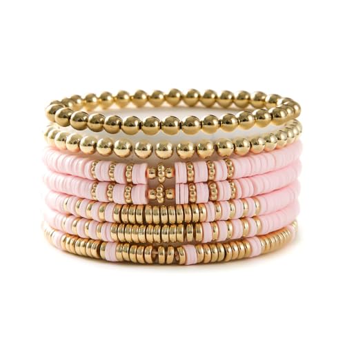 Heishi Clay Bead Bracelets Pack for Women Boho Friendship Stretch Bracelets Set Stackable Gold Beads Bracelets Jewelry for Gift - color: pink