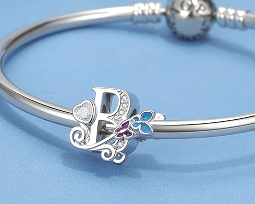 S925 Silver Butterfly Initial Letter Charms Fit for Pandora Charms Bracelets and Necklace Alphabet Bead Charms Jewelry Gifts for Women - color: B