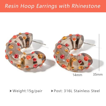 Chunky Acrylic Hoop Earrings for Women Thick Rhinestone Resin Open Hoops Colorful Geometric Earrings Lightweight Hypoallergenic for Sensitive Ears - color: CZ-Red
