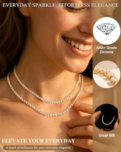 Double Layer Tennis Necklaces for Women - Dainty Gold and Silver CZ Tennis Necklace Simple Tennis Chain Sparkly CZ Choker Necklaces for Women Trendy Silver Jewelry - color: Silver, style: 16inch/1.5mm & 18inch/2mm
