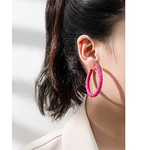 Handmade Rattan Earrings - Large Circle Braided Straw Wicker Drop Earrings - Light Weight Summer Hoops - color: D deep blue