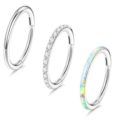 3pcs Nose Rings Hoops - 316L Surgical Steel Hinged Nose Hoops 16G/18G/20G CZ Clicker Septum Nose Ring Lip Helix Cartilage Hoop Earring Daith Rook Conch Body Piercing Jewelry for Women Men 8mm 10mm - color: Silver, size: 16 gauge(1.2mm)-10mm