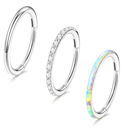 3pcs Nose Rings Hoops - 316L Surgical Steel Hinged Nose Hoops 16G/18G/20G CZ Clicker Septum Nose Ring Lip Helix Cartilage Hoop Earring Daith Rook Conch Body Piercing Jewelry for Women Men 8mm 10mm - color: Silver, size: 16 gauge(1.2mm)-10mm