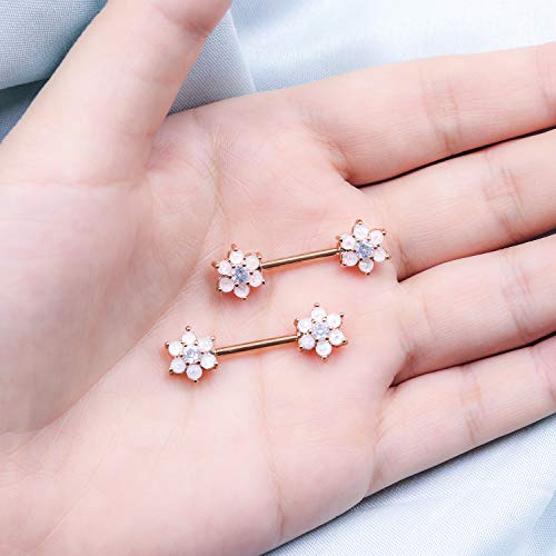 14G Opal Flower CZ Nipple Barbell Nipple Ring Piercing Jewelry for Women - color: rosegold