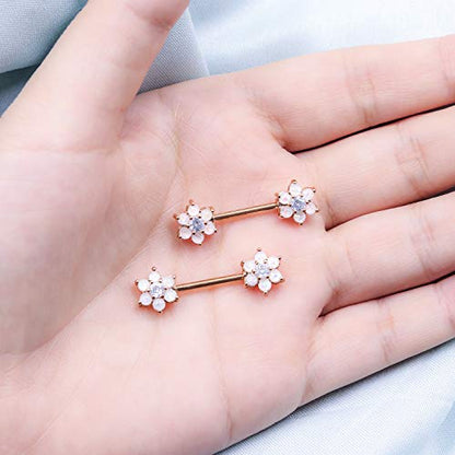 14G Opal Flower CZ Nipple Barbell Nipple Ring Piercing Jewelry for Women - color: rosegold