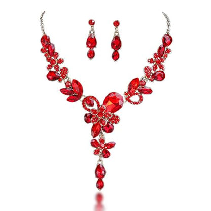 Rhinestone Crystal Bridal Necklace Floarl Art Deco Teardrop Collar Necklace Dangle Earrings Jewelry Set for Women - color: Red