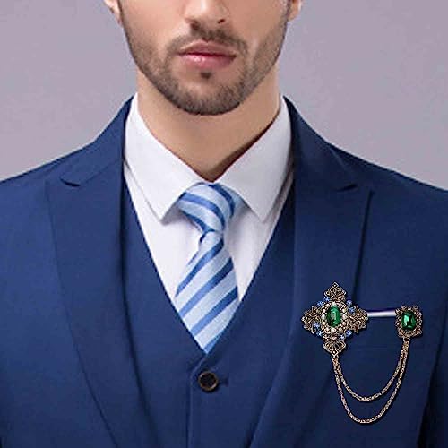 Retro 14k Gold Plated Chain Green Crystal Brooches Collar Pins Crystal Rhinestone With Hanging Chain Suit Shirt Lapel Brooch Pin Fashion Jewelry for Men Boy (Green Rectangle)