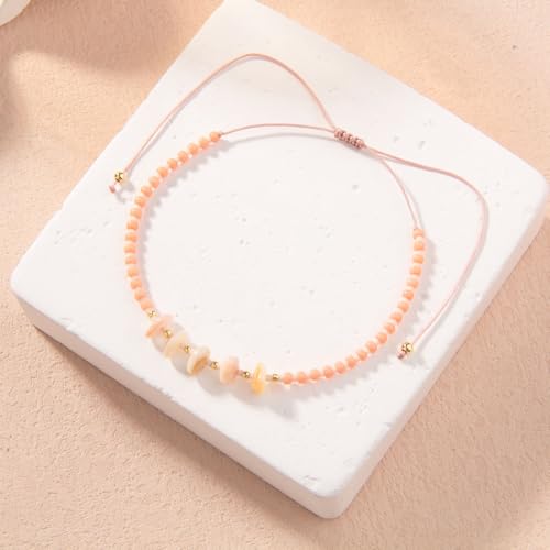 KELITCH Women Natural Stone Beads Anklet Boho Color Beaded Ankle Adjustable Foot Chain Jewelry for Summer Beach Holiday - color: Light Orange 08F