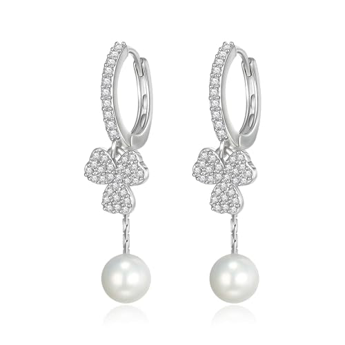Crysdue Simulated Pearl Earrings for Women, Dainty Silver/Gold/Rose Gold Plated Cubic Zirconia Drop Dangle Earrings Wedding Jewelry for Bride Bridesmaid - style: B_CZ+Pearl, Silver