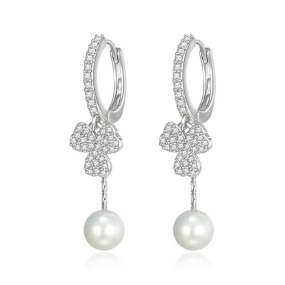 Crysdue Simulated Pearl Earrings for Women, Dainty Silver/Gold/Rose Gold Plated Cubic Zirconia Drop Dangle Earrings Wedding Jewelry for Bride Bridesmaid - style: B_CZ+Pearl, Silver