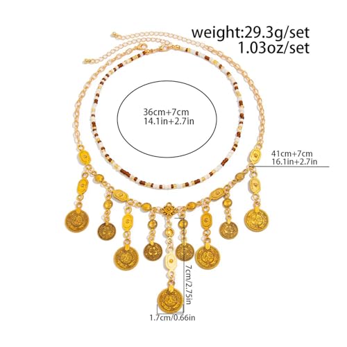 Boho Coin Charm Necklace for Women Layered Gold Coin Beaded Pendant Necklace Pirate Necklace Chunky Coins Tassel Ethnic Gypsy Costume Accessories - style: A.