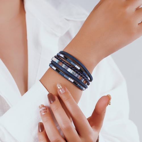Boho Leather Wrap Bracelets Beaded Stackable Cuff Bracelet Country Concert Outfits Cowboy Cowgirl Western Jewelry Gifts for Women - color: 2layer-Blue