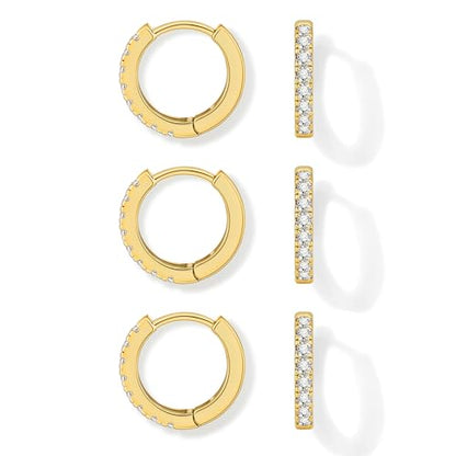 micuco 3 Pairs Small Hoop Earrings Tiny Cartilage Earrings for Women Men | Cubic Zirconia Earrings Huggie Hoop Ear Piercing Earrings for 8mm 10mm 12mm - color: 6# 14K Gold Plated 10mm*3