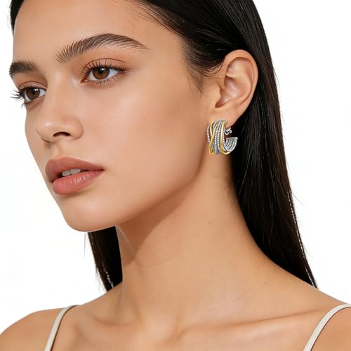 Clip on Earrings for Women Silver and Gold Plated Twisted Rope Hoops Non Pierced C Hoop Earring Lightweight Two Tone Clips Mixed Metal Jewelry Gifts - color: Wide Hoop-silver&gold