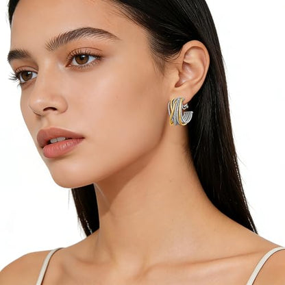 Clip on Earrings for Women Silver and Gold Plated Twisted Rope Hoops Non Pierced C Hoop Earring Lightweight Two Tone Clips Mixed Metal Jewelry Gifts - color: Wide Hoop-silver&gold