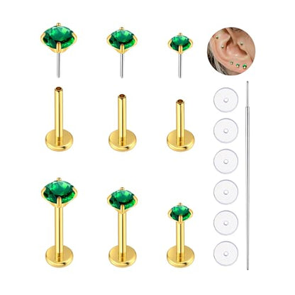 20G Flat Back Earrings Studs 18G Nose Rings 24K Gold Plating 3 Pairs Titanium Threadless 16G Cartilage Earrings for Women Men Tragus Conch Helix Medusa Lip Piercing Jewelry - color: gold emerald cz, size: 20G