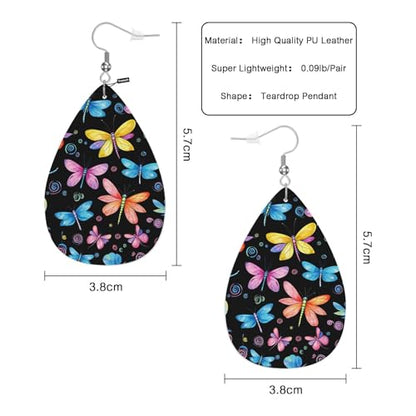 Dragonfly Leather Teardrop Hook Earrings Colorful Butterflies And Dragonflies Elegant Earrings For Women Friends Dangle Earrings - color: Dragonfly