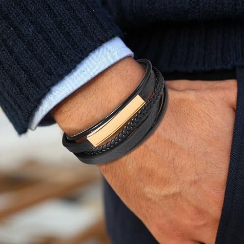 Leather Bracelet for Men Braided Stainless Steel Mens Bracelets - color: Gold