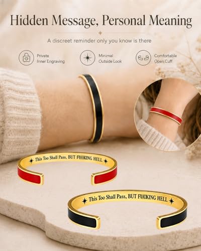 This Too Shall Pass Mantra Cuff Bracelet, BUT FUCKING HELL Engarved Hidden Message Code Motivational Bangle Inspirational Jewelry Encouragement Gifts for Women - color: Red Gold