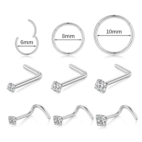 15PCS 14K Gold Plated Nose Rings Studs Set for New Piercing Beginners - color: Silver-18g 9pcs Hoops and Stud set
