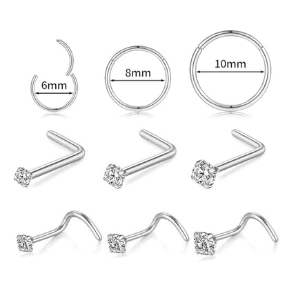 15PCS 14K Gold Plated Nose Rings Studs Set for New Piercing Beginners - color: Silver-18g 9pcs Hoops and Stud set