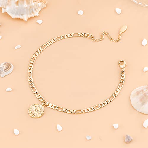 Anklets for Women Dainty Zodiac Constellation Anklet Zodiac Sign Disc Ankle Bracelet 14k Gold-Plated Anklets for Women - color: Aries(Mar.21—Apr.19)