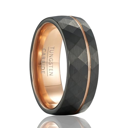 Men's Geometric Faceted Split Band – 8mm Wide Black Tungsten Wedding Ring with Rose Gold Accent (US Sizing)