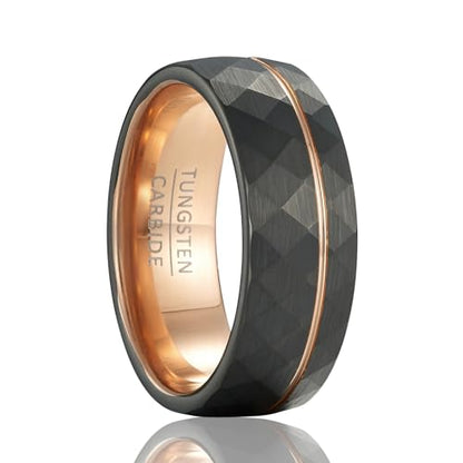 Men's Geometric Faceted Split Band – 8mm Wide Black Tungsten Wedding Ring with Rose Gold Accent (US Sizing)