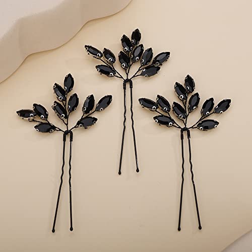 Teyglen 3pcs Bridal Crystal Hair Pins Rhinestones Hair Pieces Simple Black Crystal Wedding Hair Pins Handmade Hair Accessories for Women Bride Girls (Black) - color: Black