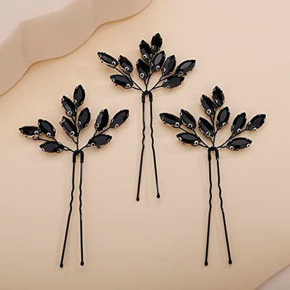 Teyglen 3pcs Bridal Crystal Hair Pins Rhinestones Hair Pieces Simple Black Crystal Wedding Hair Pins Handmade Hair Accessories for Women Bride Girls (Black) - color: Black