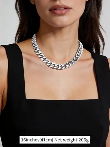 FindChic Cuban Link Chain Necklace for Women Men, Silver/Gold Plated Stainless Steel Solid Miami Curb Chain Hip Hop Punk Statement Jewelry, 5/12/14mm Width, 16/18/20 Inch Length, with Gift Box - color: 05. 14mm-Silver, size: 16inches