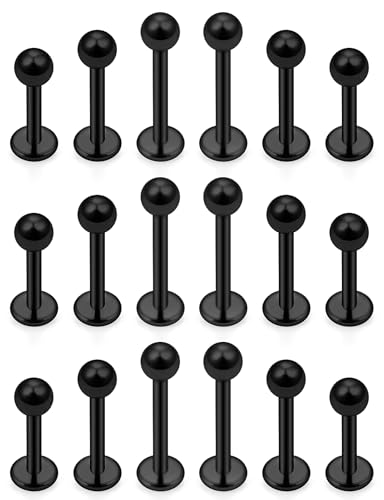 20G 18G 16G 14G 12G Lip Labret Medusa Monroe Rings Studs 316L Surgical Steel Flat Back Tragus Helix Cartilage Earring Stud Piercing Jewelry Bar Length 8mm 10mm 12mm Mix Color 18PCS - color: Black, size: 18G(1.0mm)-6/7/8mm Bars-3mm Balls
