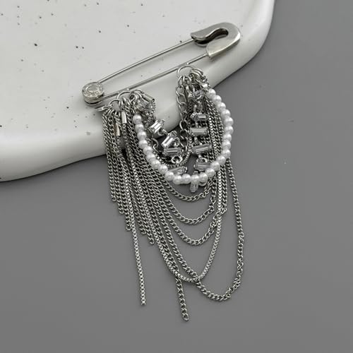 Fashionable Retro Alloy Brooch with Faux Pearls and Long Chains Statement Clothing Accessory for Women Vintage Stone Brooch