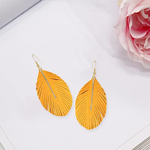 YUNXI Large Genuine Soft Leather Handmade Fringe Feather Lightweight Leaf with Simple Drop Metal Bar Tear Drop Dangle Color Earrings for Women - color: Yellow