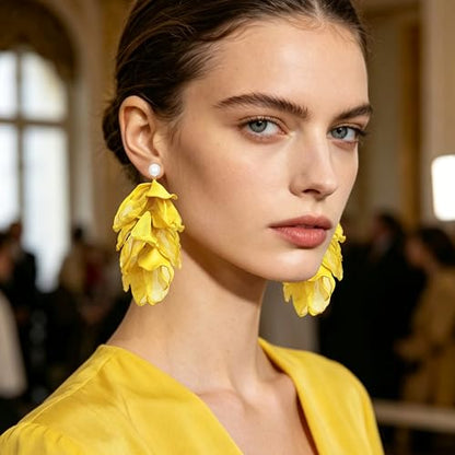Handmade Bohemian Lightweight Fabric Flower Dangle Drop Earrings Chic Pearl Large Tassel Petal Stud Earrings For Women - color: Ginger