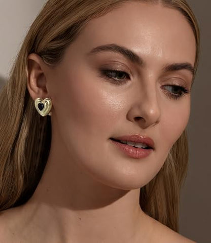 Chunky Gold Geometric Stud Earrings Trendy Vintage 14K Gold Plated Black Cubic Zirconia Statement Cocktail Earrings Dupes Jewelry for Women - style: Black Heart