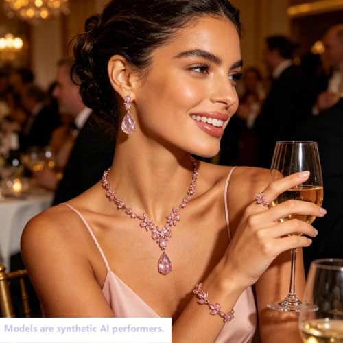 Kamirola Bridal Jewelry Set, Jewelry Set for Women, Necklace Dangle Earrings Bracelet Set, White Gold Plated (TR76) - color: Cream Pink