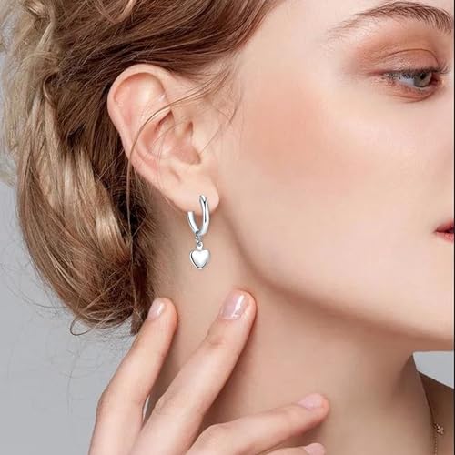 Charming Sterling Silver Heart Dangle Hoop Earrings - White Gold Plated, Huggie Style, Gift for Women
