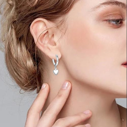 Charming Sterling Silver Heart Dangle Hoop Earrings - White Gold Plated, Huggie Style, Gift for Women