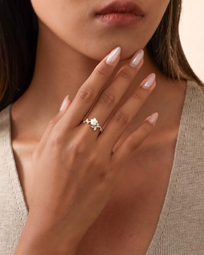 Rings for Women Non Tarnish, 14K Gold Plated Open Pearl Flower Band Adjustable Cubic Zirconia Rings for Women - color: Gold