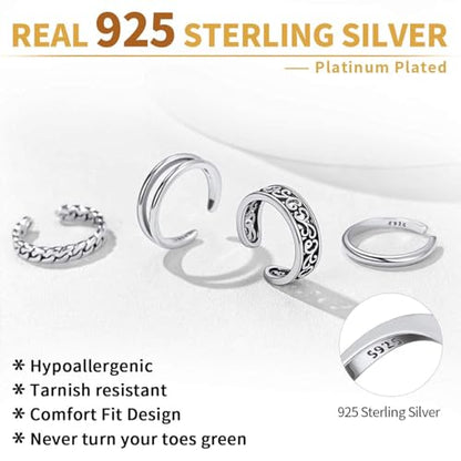 ChicSilver Toe Rings for Women 925 Sterling Silver Adjustable Toe Ring | 925 sterling silver, hypoallergenic for sensitive skin, adjustable open band, summer beach wear gift - color: N: Different Styles(4PCS)