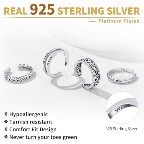 ChicSilver Toe Rings for Women 925 Sterling Silver Adjustable Toe Ring | 925 sterling silver, hypoallergenic for sensitive skin, adjustable open band, summer beach wear gift - color: N: Different Styles(4PCS)