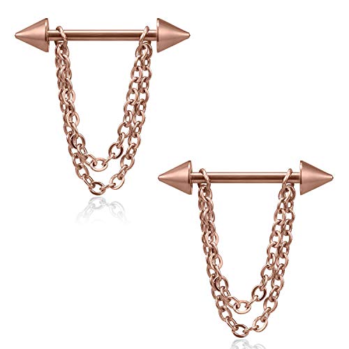 Ruifan Surgical Steel Nipple Shield Rings Tongue Barbell Piercing Jewelry Retainer 14G 5/8Inch Chain Dangle Clear CZ For Women Men 2-20PCS - color: 2PCS - Rose Gold w Spikes