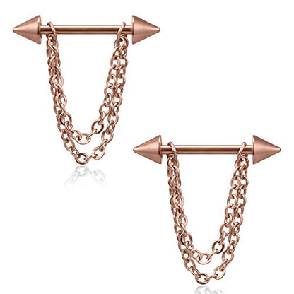 Ruifan Surgical Steel Nipple Shield Rings Tongue Barbell Piercing Jewelry Retainer 14G 5/8Inch Chain Dangle Clear CZ For Women Men 2-20PCS - color: 2PCS - Rose Gold w Spikes