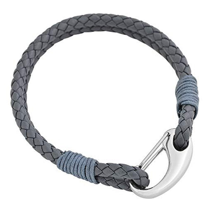 Edforce Braided Genuine Leather 2-Strand Cuff Bracelet with Stainless Steel Clasp - color: Grey